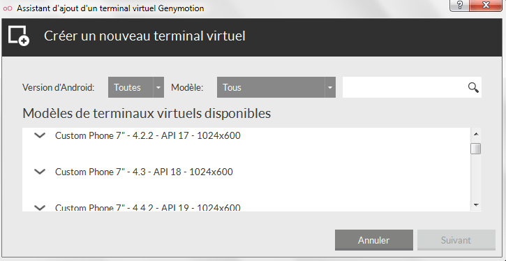 The virtual device creation interface